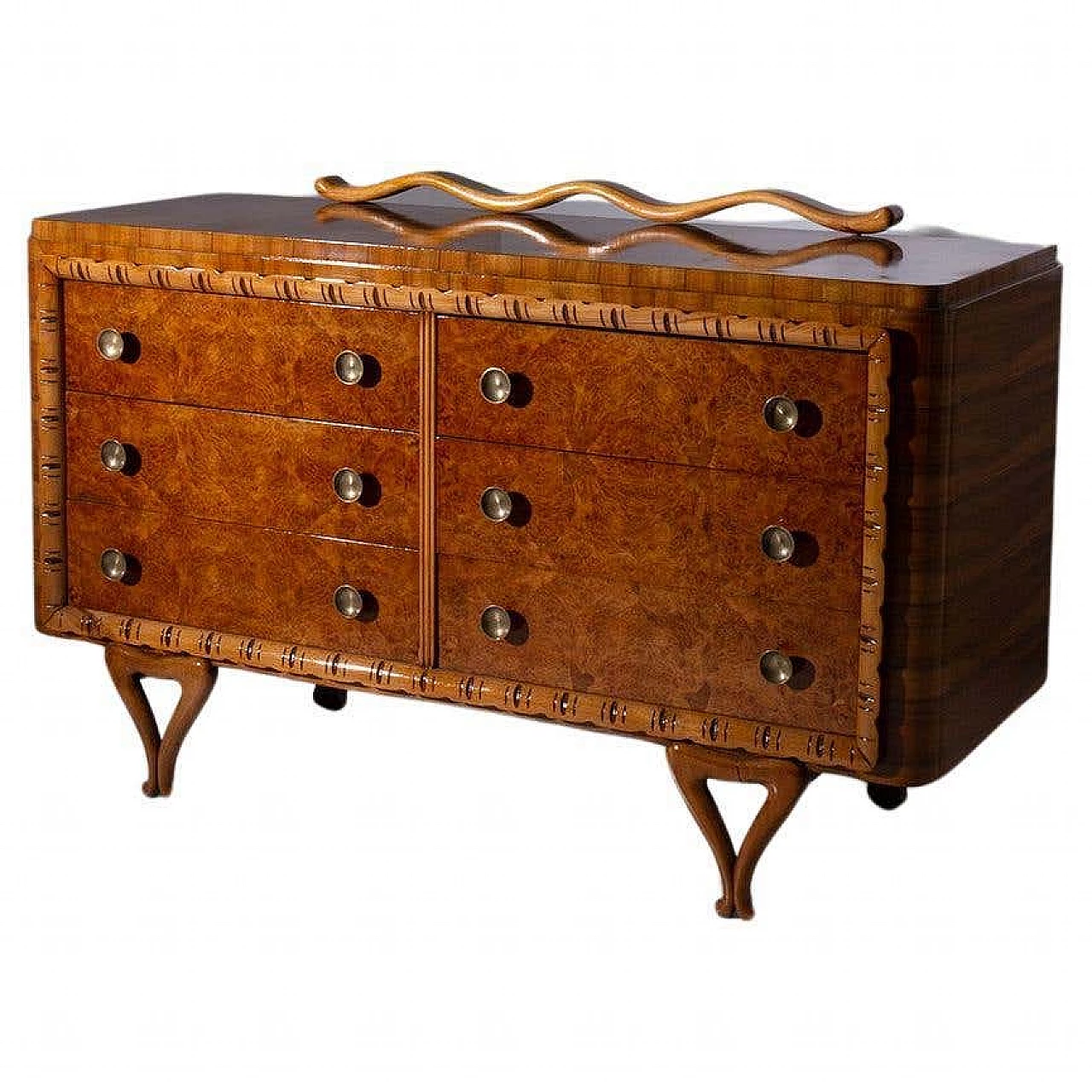 Walnut chest of drawers with brass knobs attributed to Paolo Buffa, 1950s 1