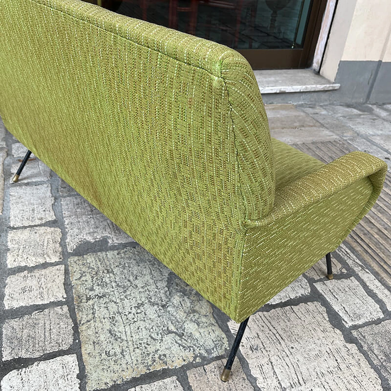 Sofa and pair of armchairs in acid green fabric, 1950s 33