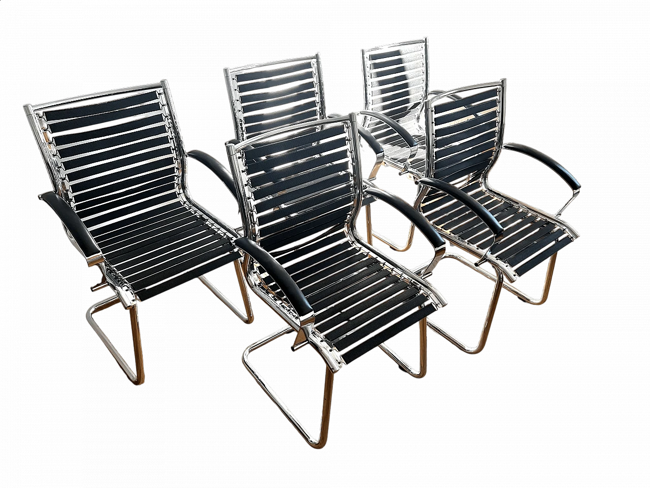 5 Cantilever chairs with tubular stainless steel structure, 1980s 8