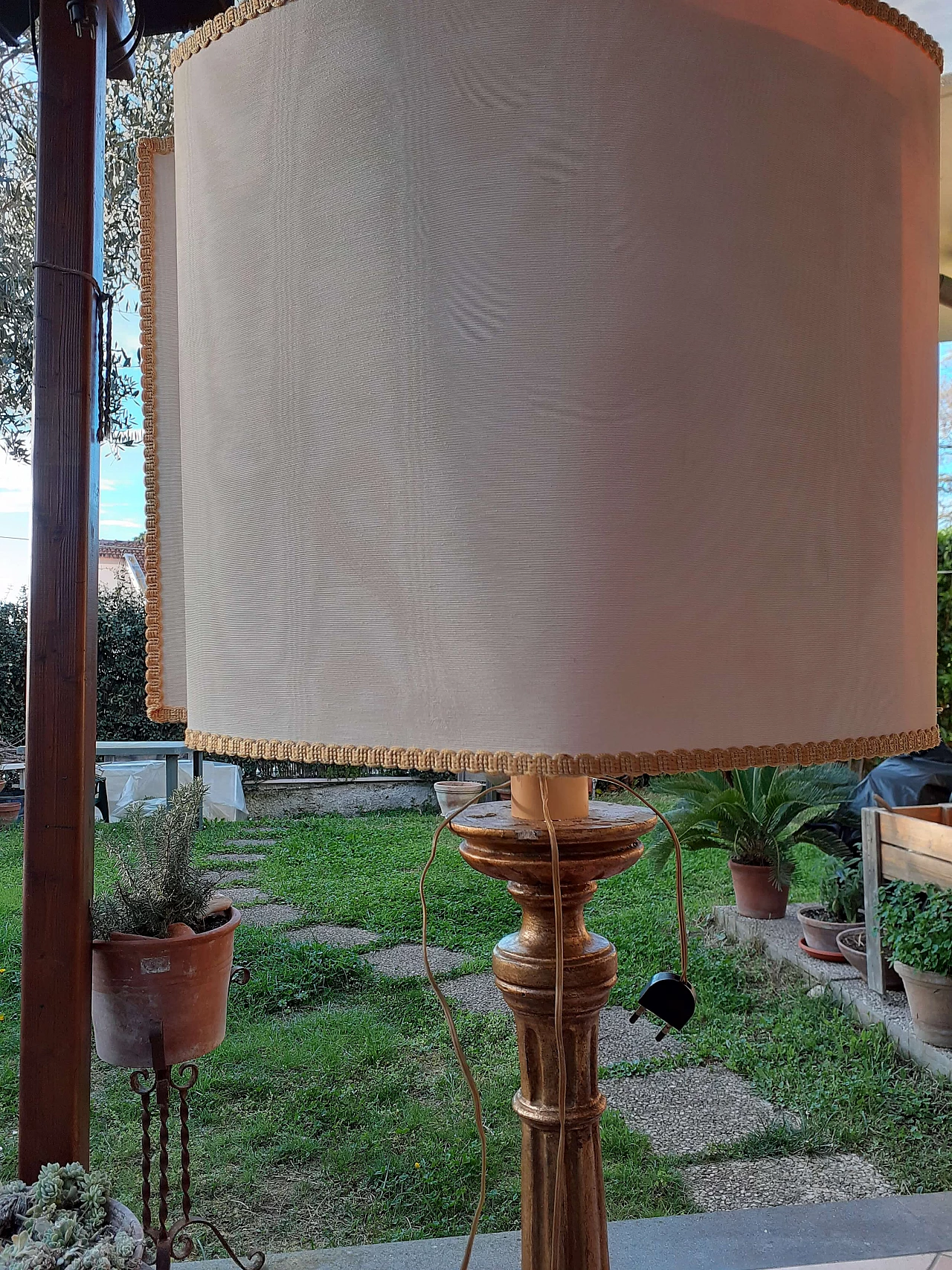 Wood floor lamp with fabric shade, 1980s 5