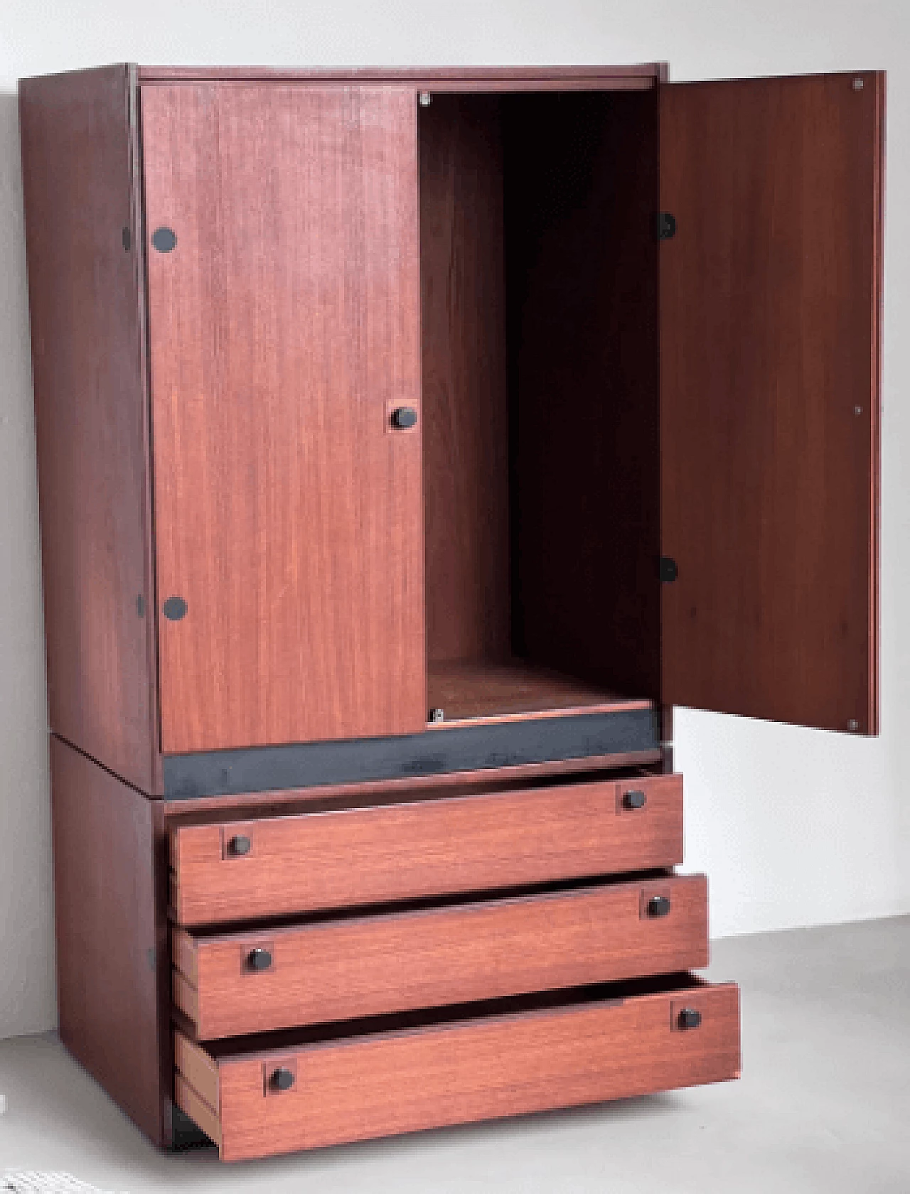 Walnut modular wardrobe with black details, 1970s 8