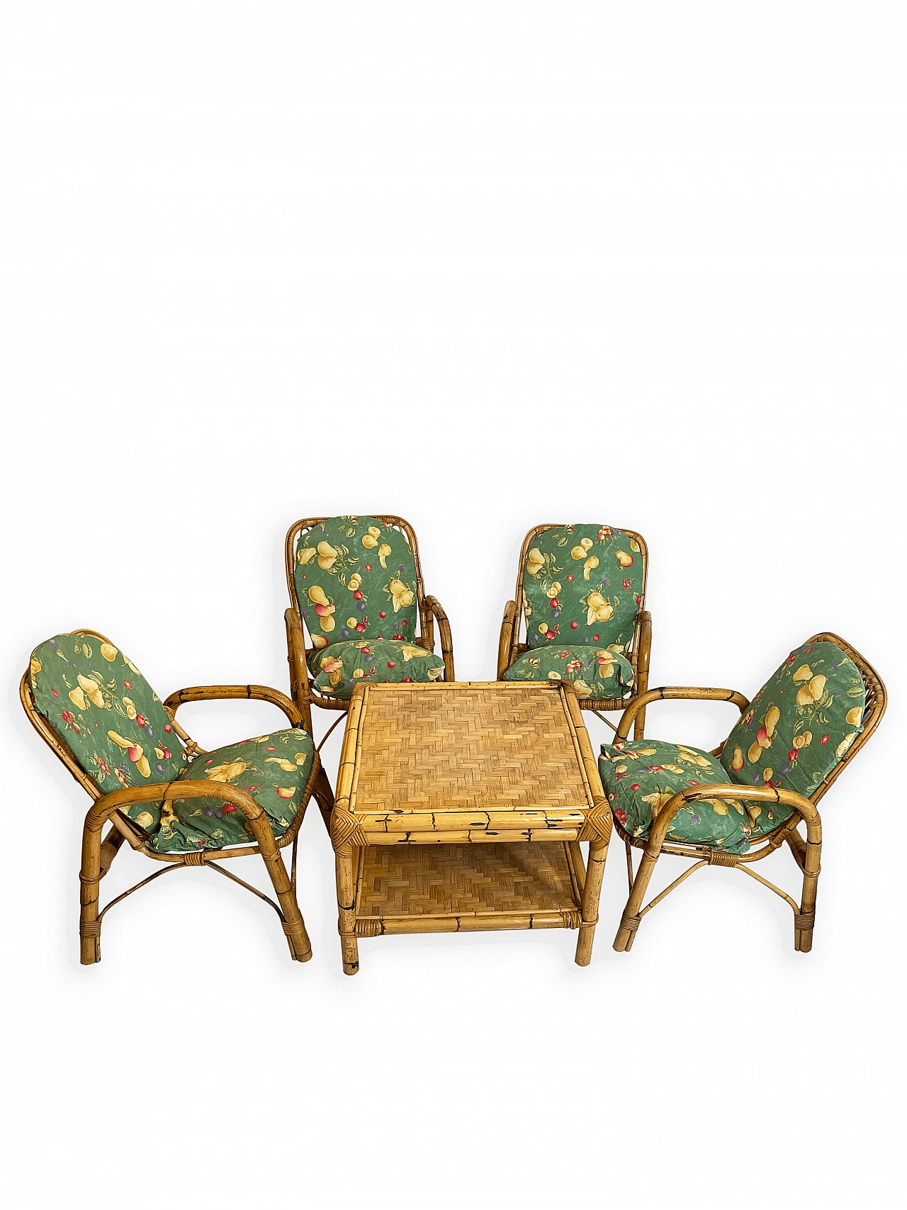 4 Bamboo armchairs with fabric cushions, 1960s 1