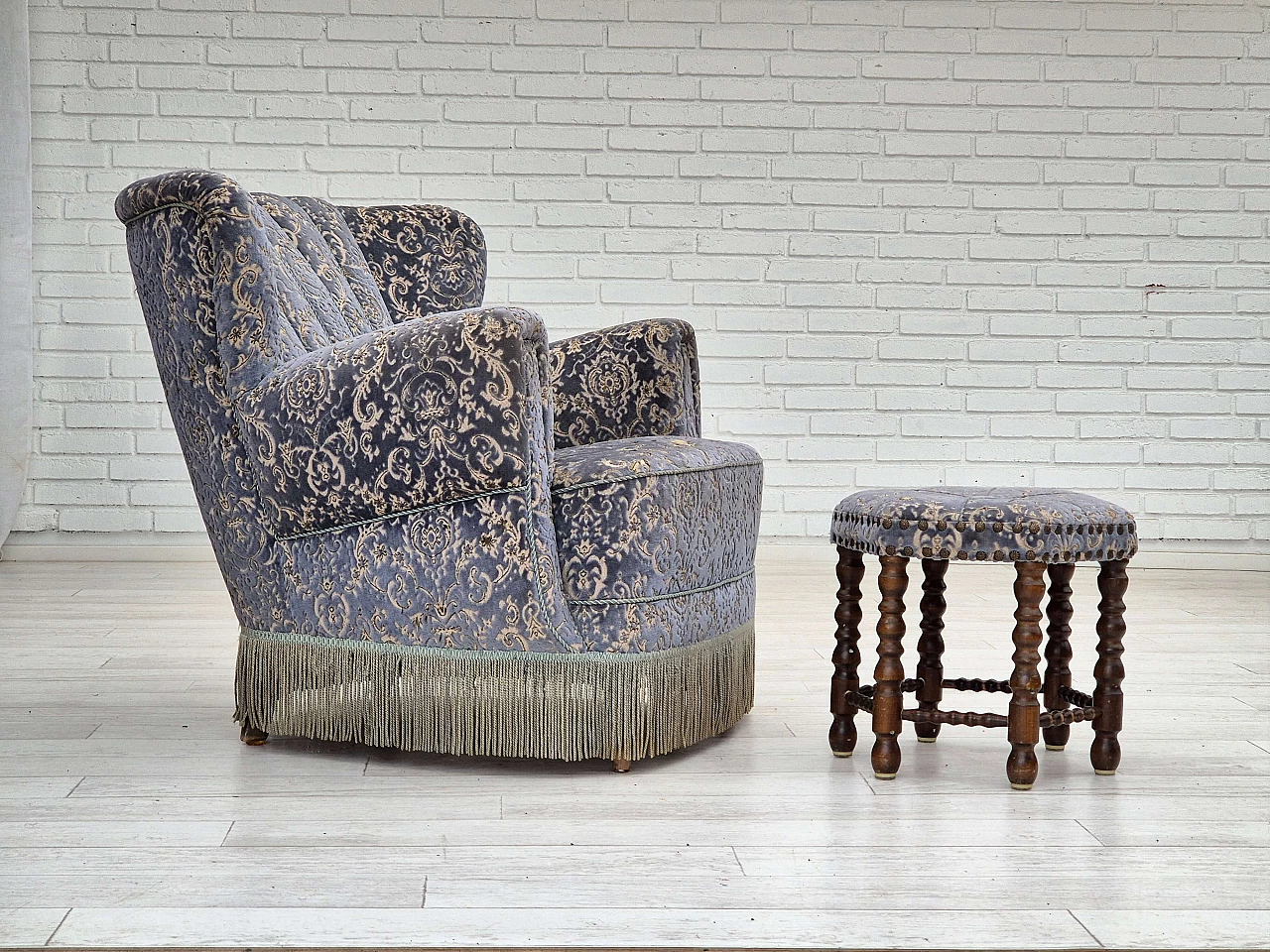 Danish beech and light blue velvet armchair and footstool, 1960s 1