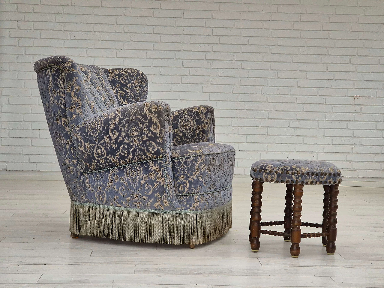 Danish beech and light blue velvet armchair and footstool, 1960s 2