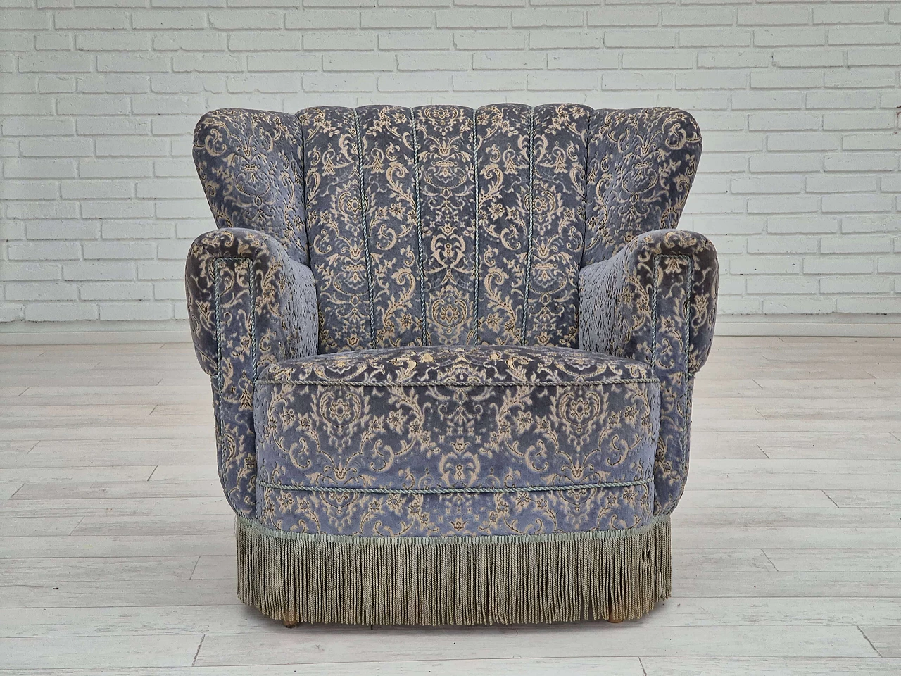 Danish beech and light blue velvet armchair and footstool, 1960s 8