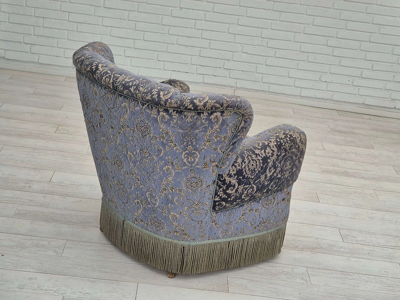 Danish beech and light blue velvet armchair and footstool, 1960s 12