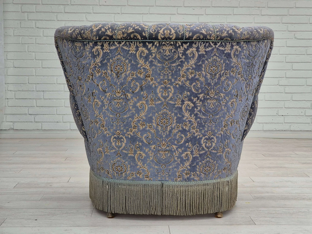 Danish beech and light blue velvet armchair and footstool, 1960s 13