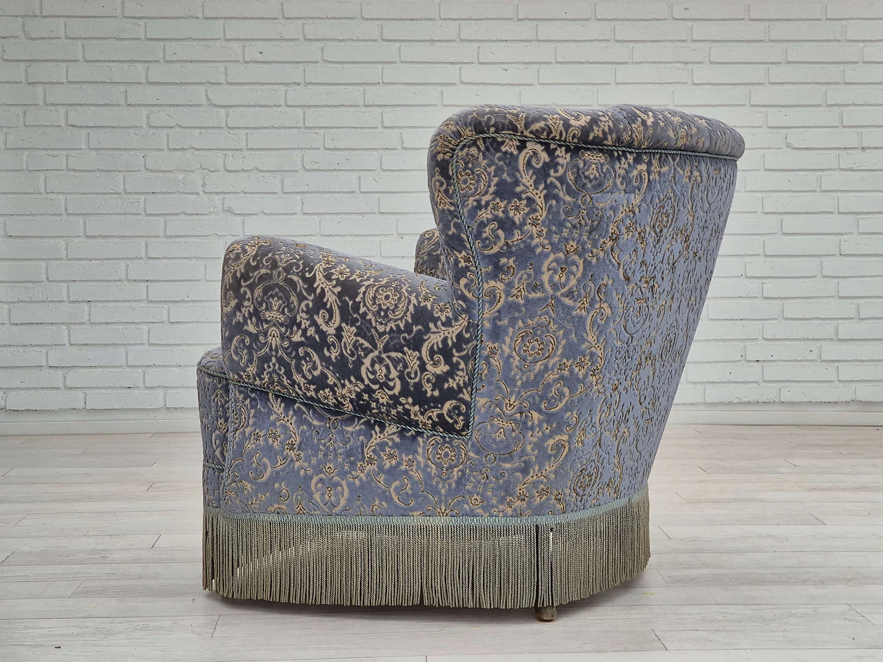 Danish beech and light blue velvet armchair and footstool, 1960s 15