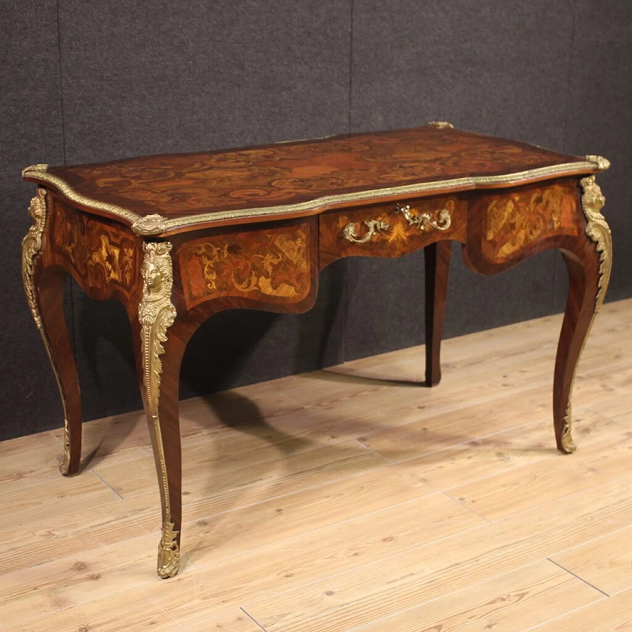 Louis XV style inlaid wood desk with bronze details, 1960s 1