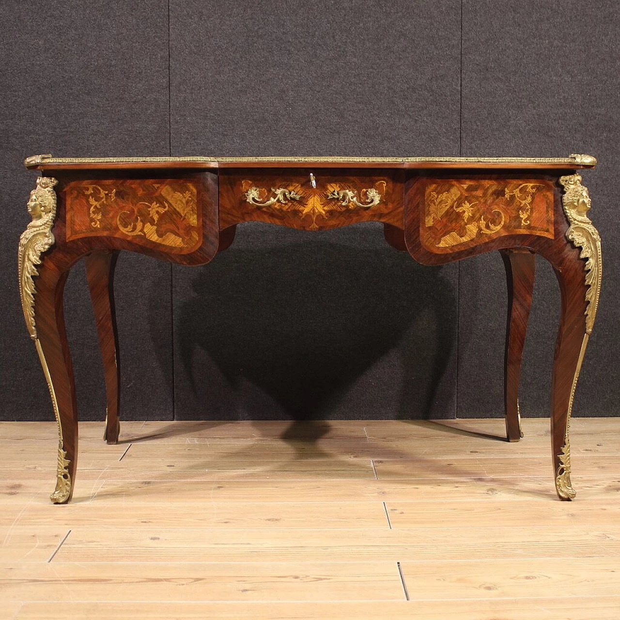 Louis XV style inlaid wood desk with bronze details, 1960s 3