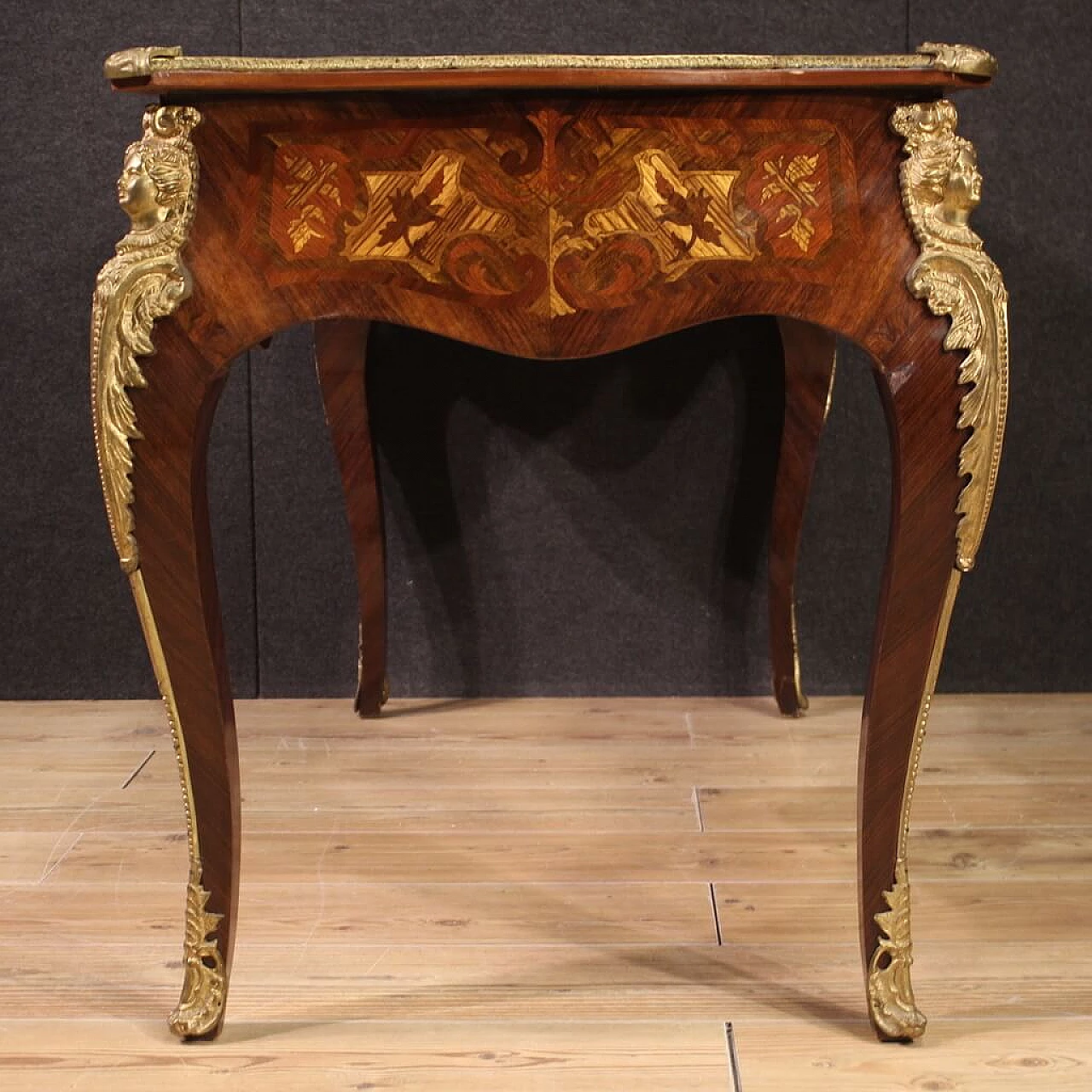 Louis XV style inlaid wood desk with bronze details, 1960s 5