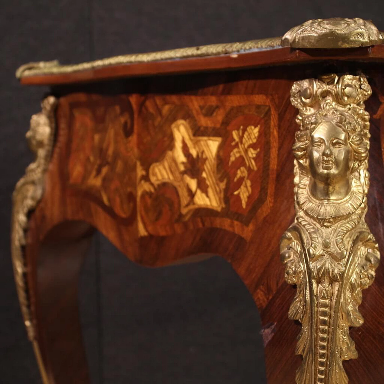 Louis XV style inlaid wood desk with bronze details, 1960s 7