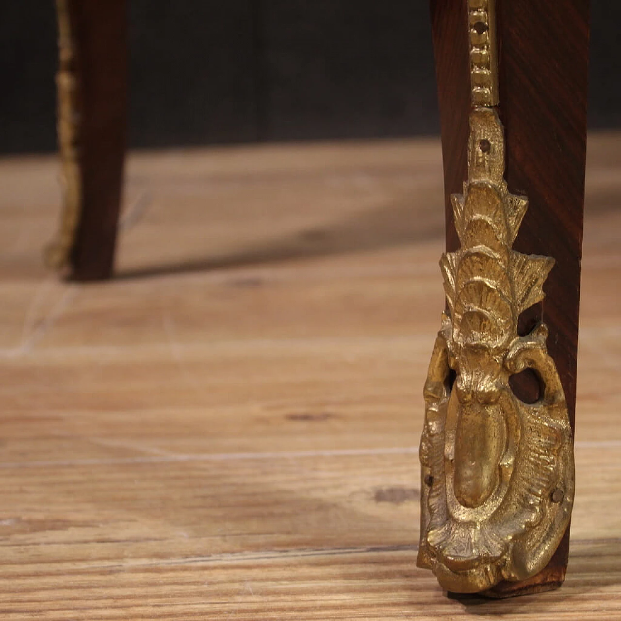 Louis XV style inlaid wood desk with bronze details, 1960s 8