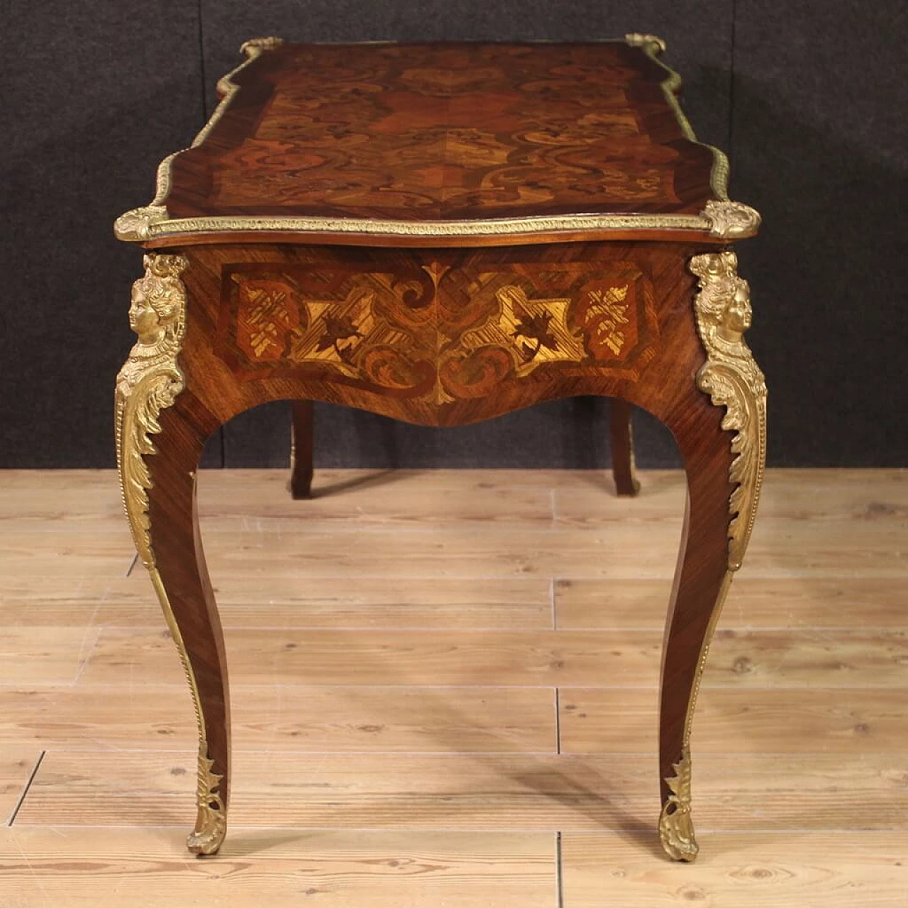 Louis XV style inlaid wood desk with bronze details, 1960s 9