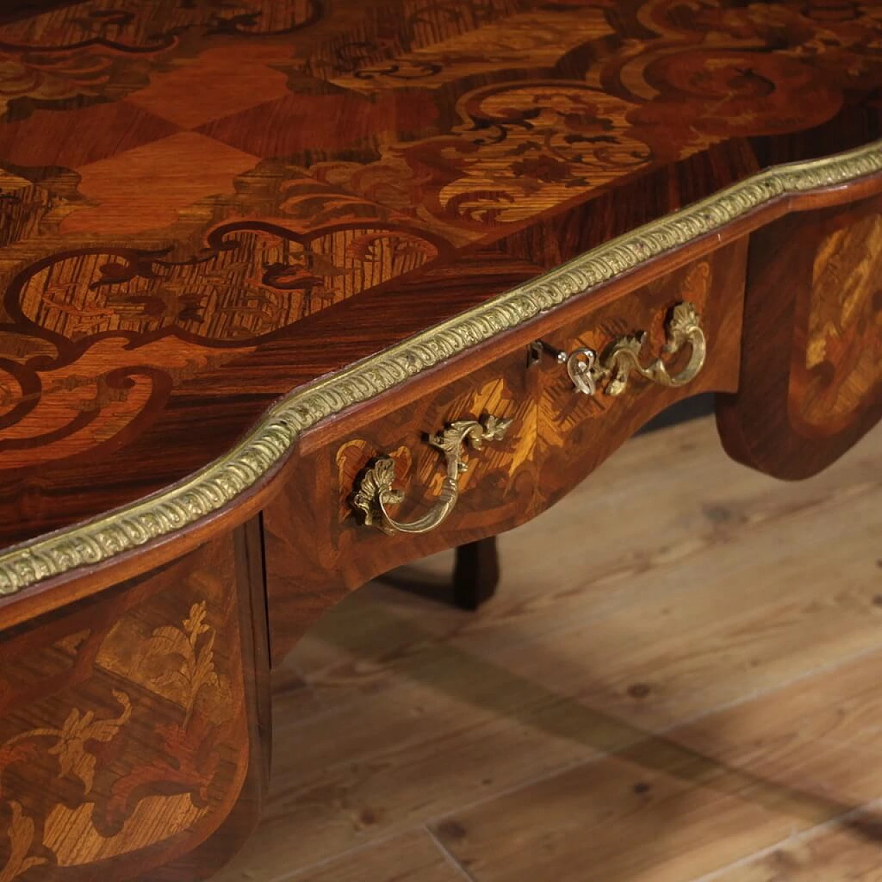 Louis XV style inlaid wood desk with bronze details, 1960s 10