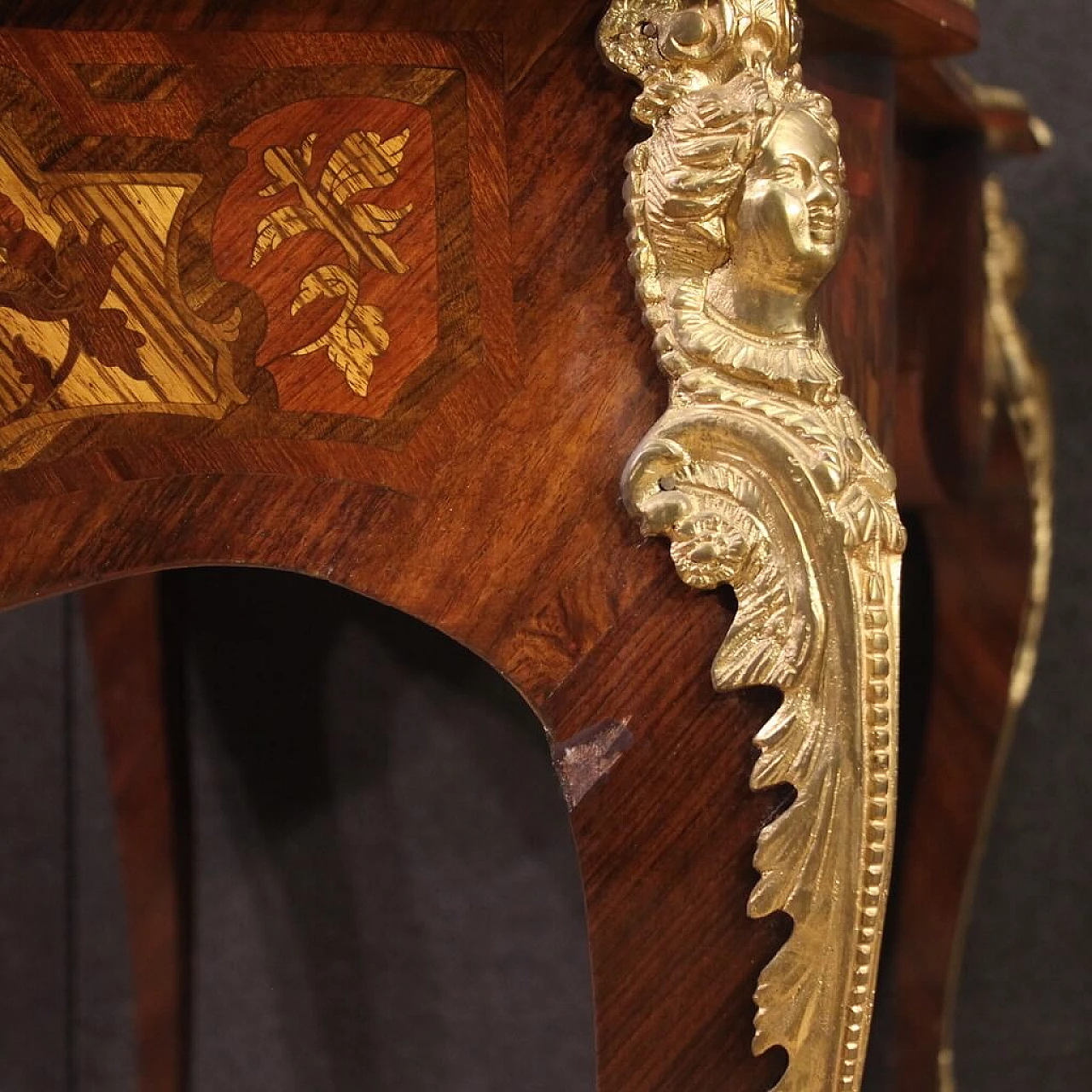 Louis XV style inlaid wood desk with bronze details, 1960s 11