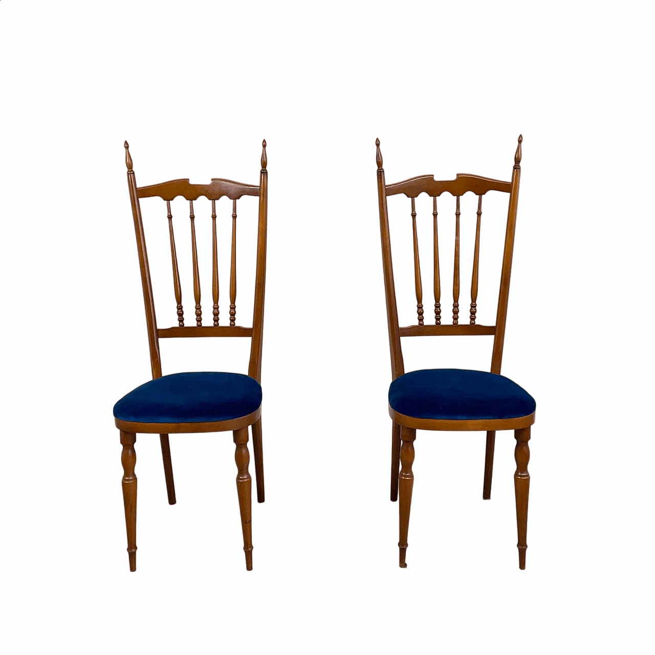 Pair of wooden Chiavarine chairs with blue velvet seat, 1950s 17