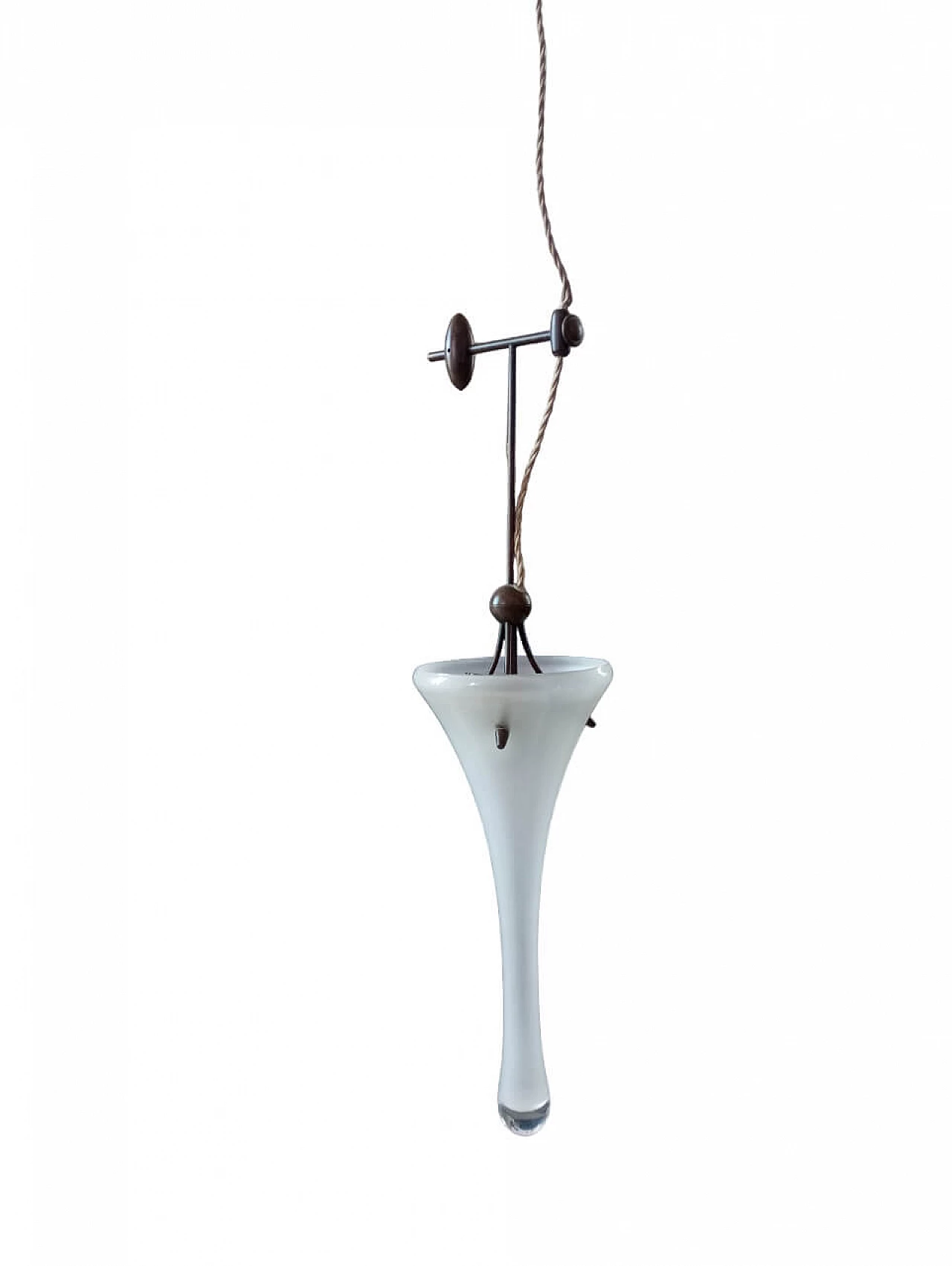 White Murano glass, wood and bronze hanging lamp, 1960s 1