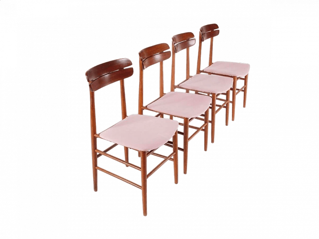 4 Chairs in wood and pink fabric, 1960s 9