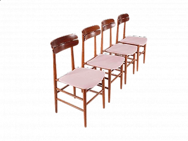 4 Chairs in wood and pink fabric, 1960s