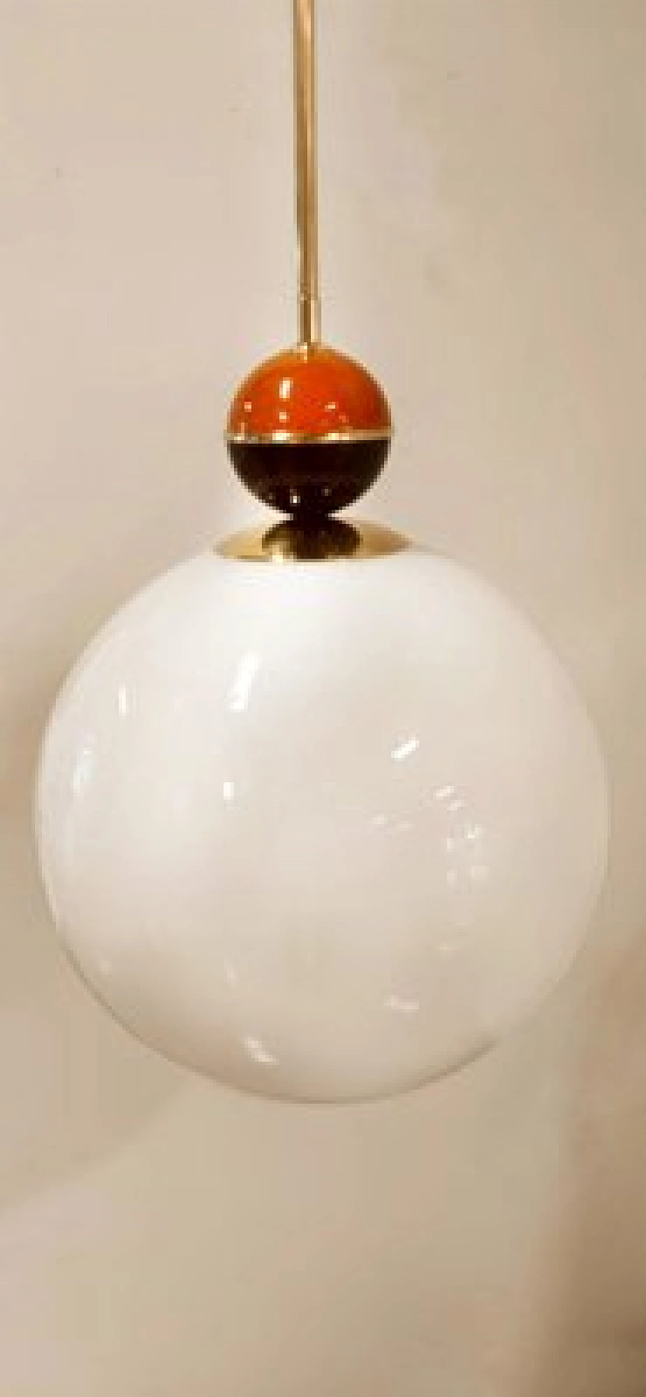 Brass and glass hanging lamp with coloured sphere, 1970s 2