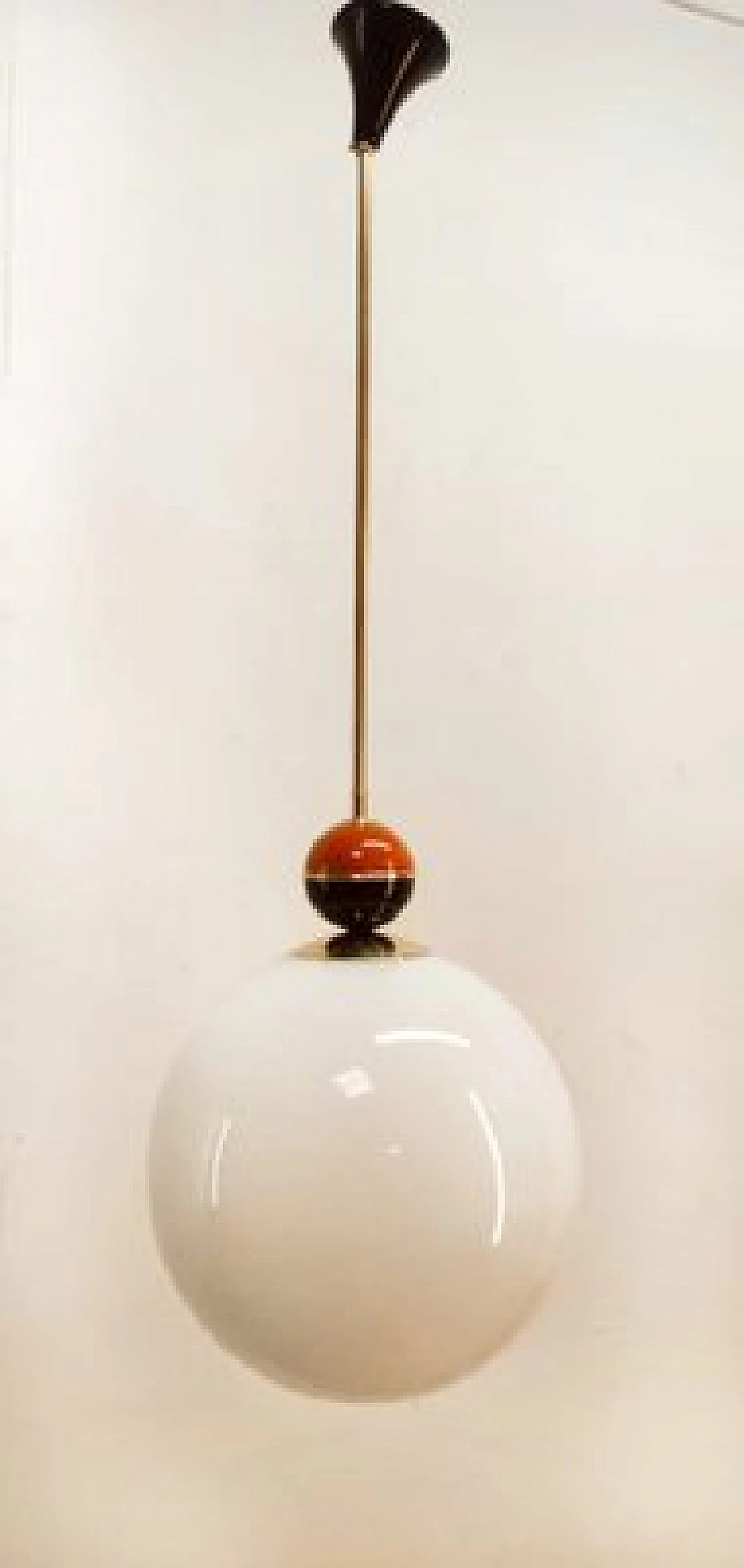 Brass and glass hanging lamp with coloured sphere, 1970s 5