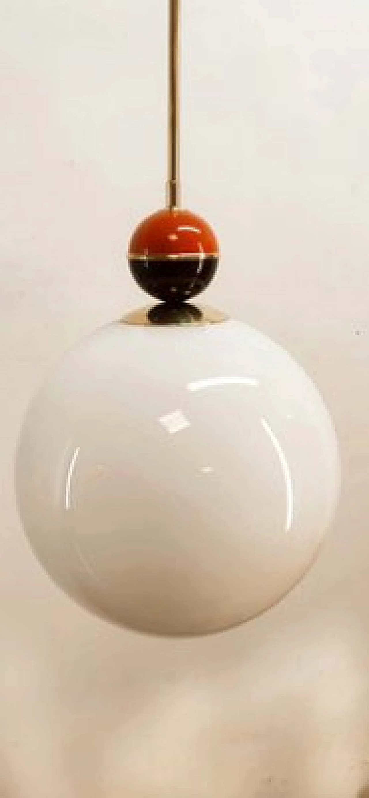 Brass and glass hanging lamp with coloured sphere, 1970s 6