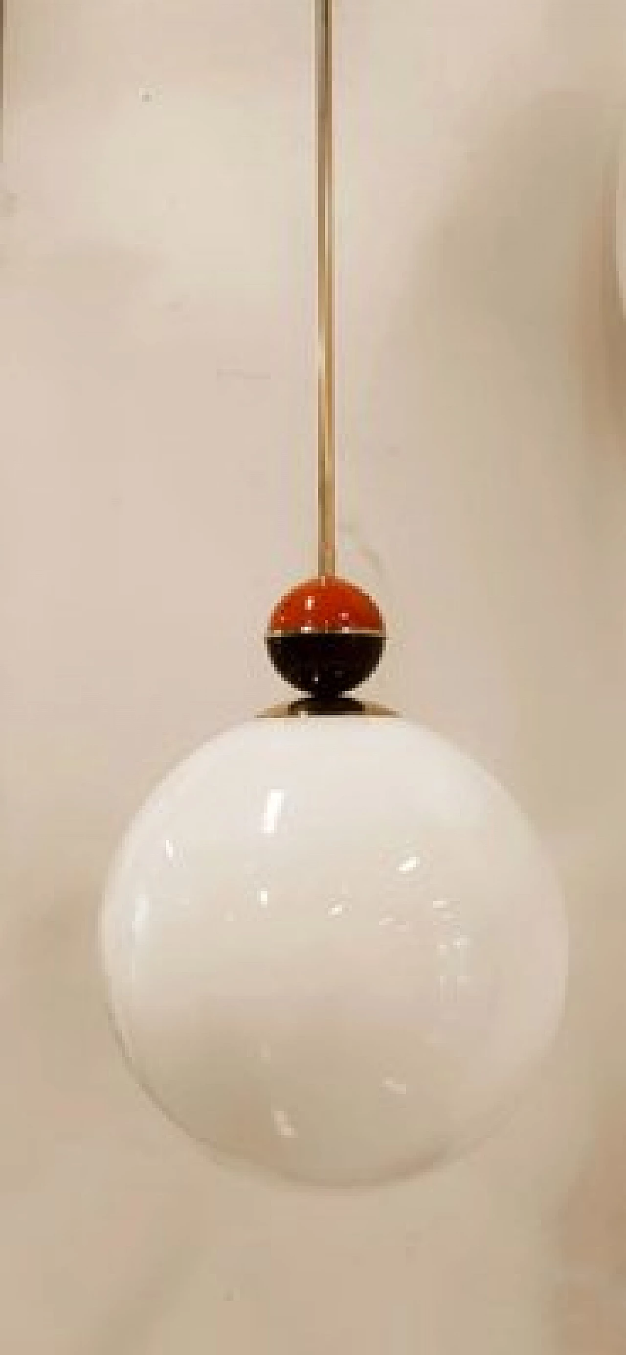 Brass and glass hanging lamp with coloured sphere, 1970s 9