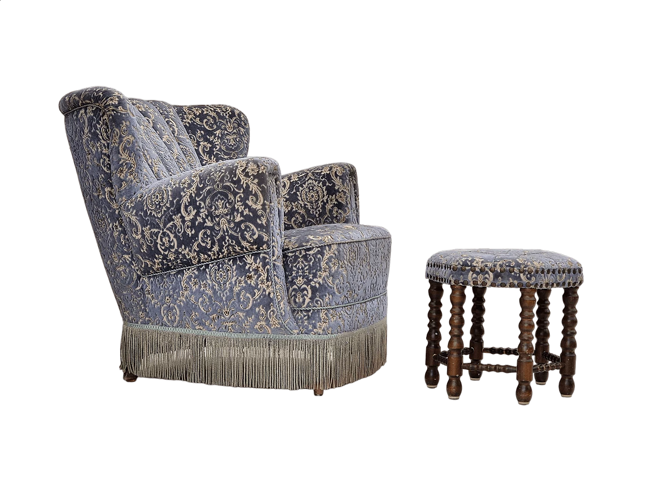 Danish beech and light blue velvet armchair and footstool, 1960s 19