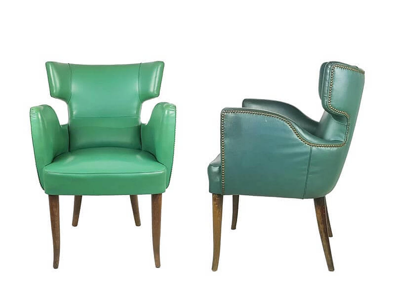 Pair of skai and wood armchairs in the style of Melchiorre Bega, 1950s 4