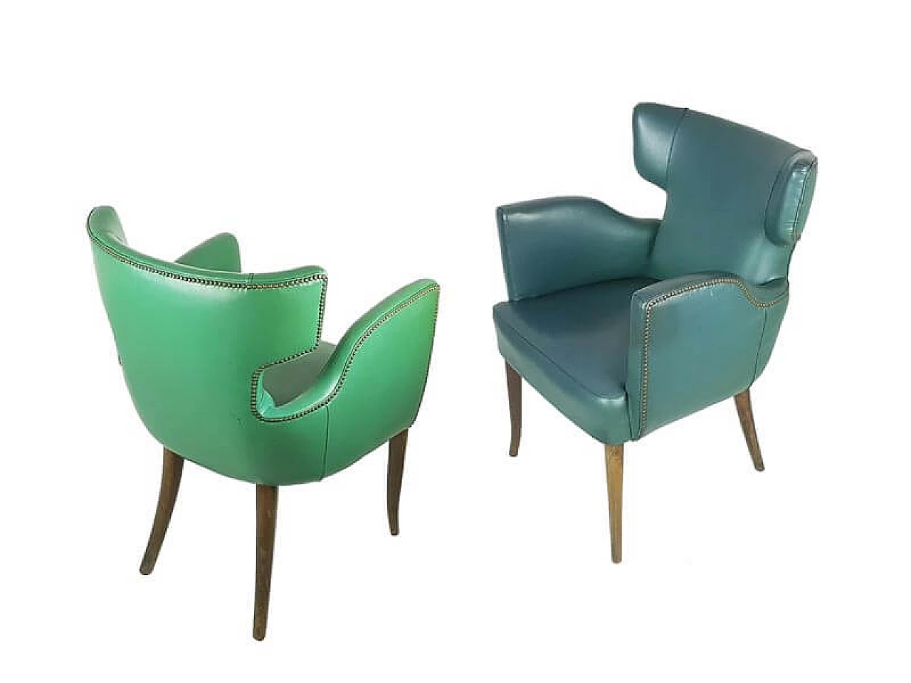 Pair of skai and wood armchairs in the style of Melchiorre Bega, 1950s 5