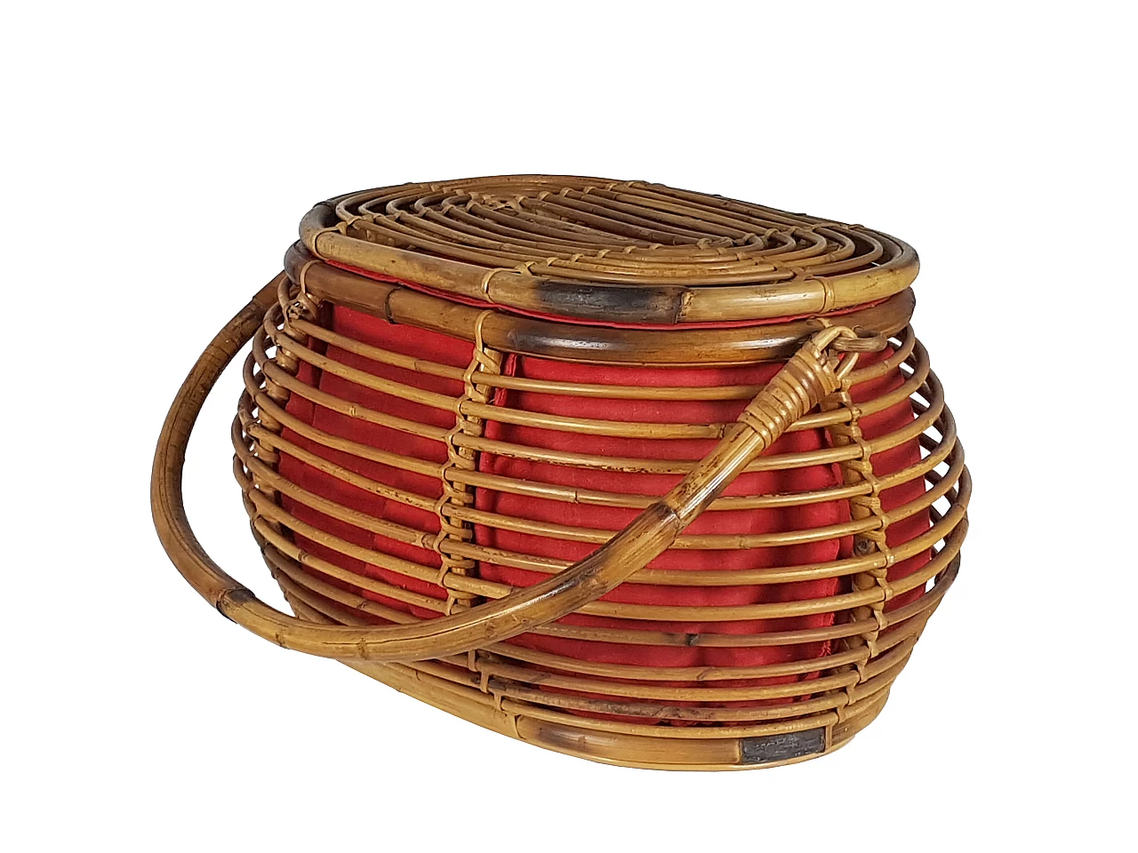 Rattan and red fabric basket, 1960s 1