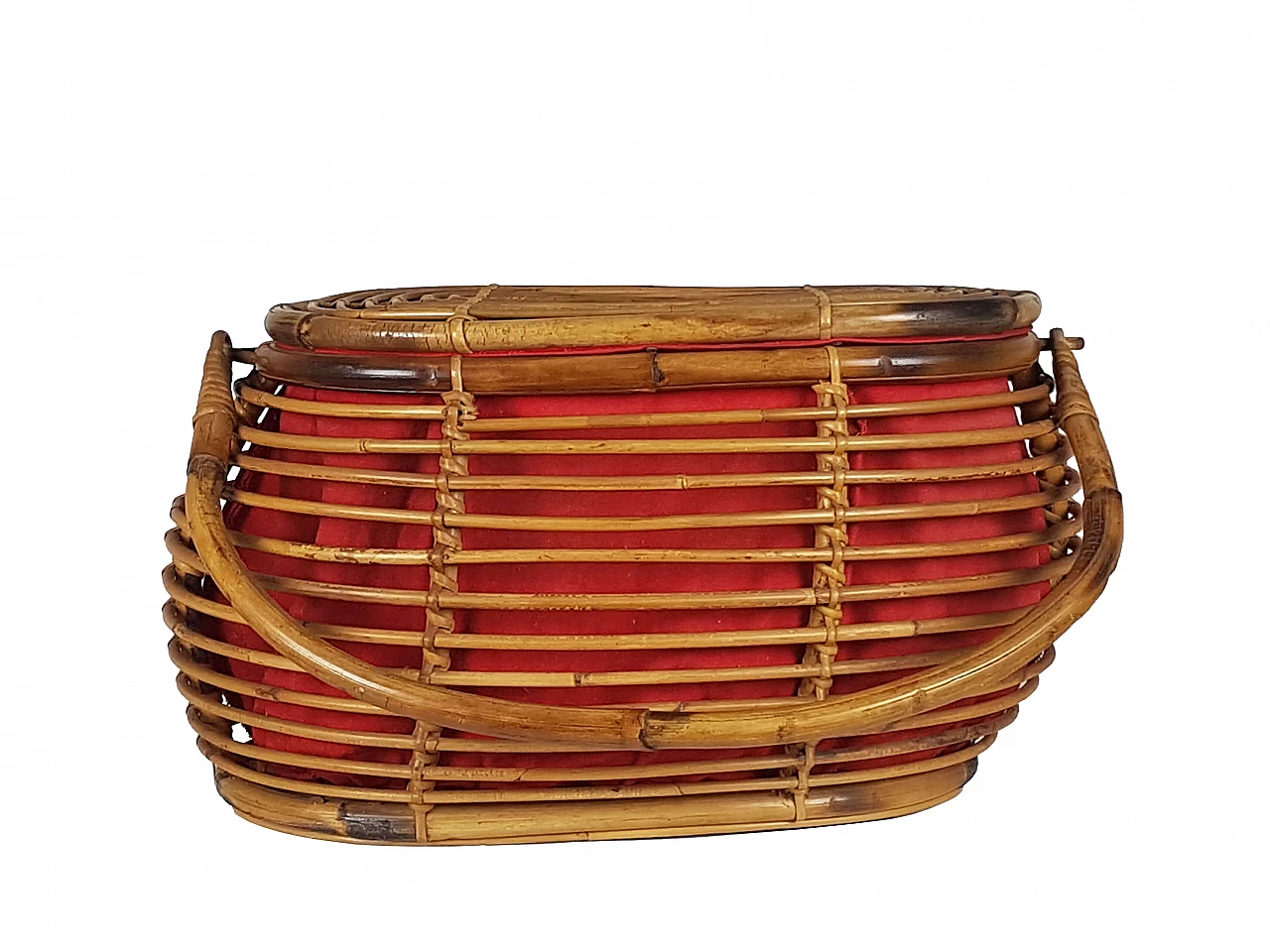 Rattan and red fabric basket, 1960s 3