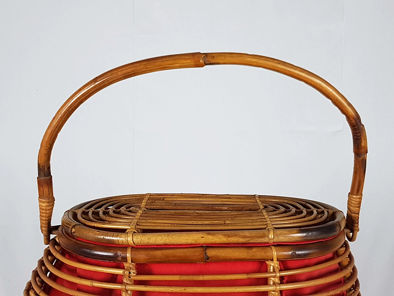 Rattan and red fabric basket, 1960s 9