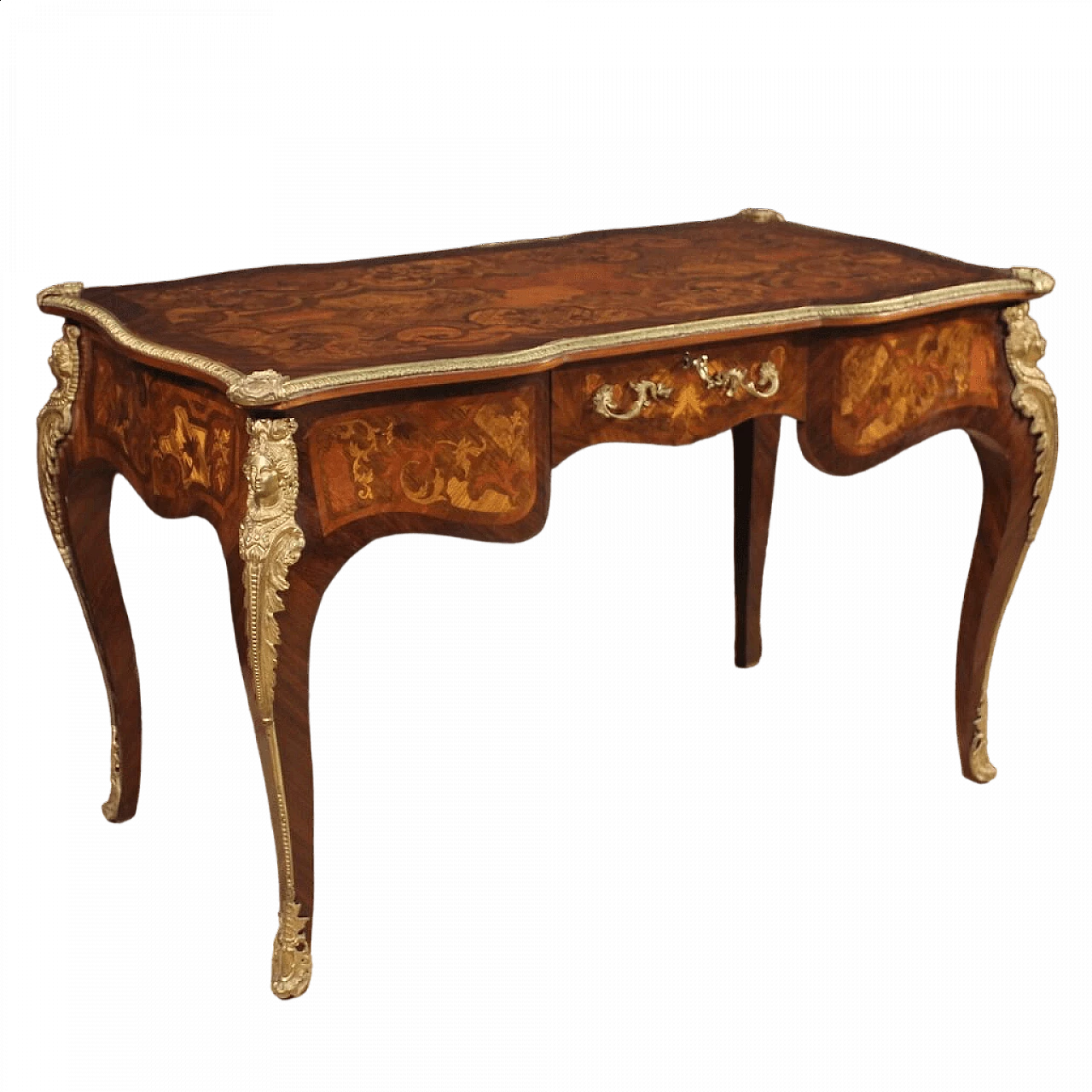 Louis XV style inlaid wood desk with bronze details, 1960s 13