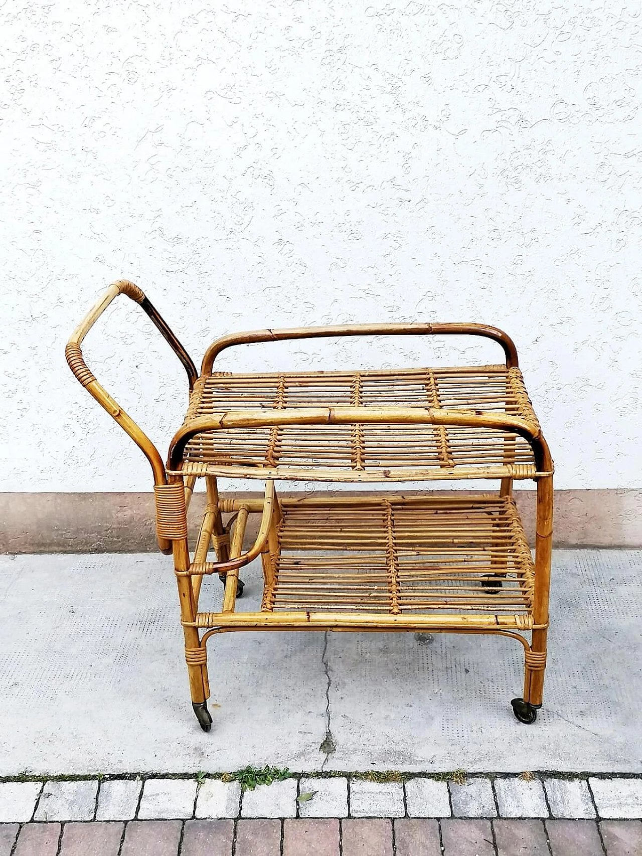 Carrello bar in bambù, malacca e giunco, anni '60 1