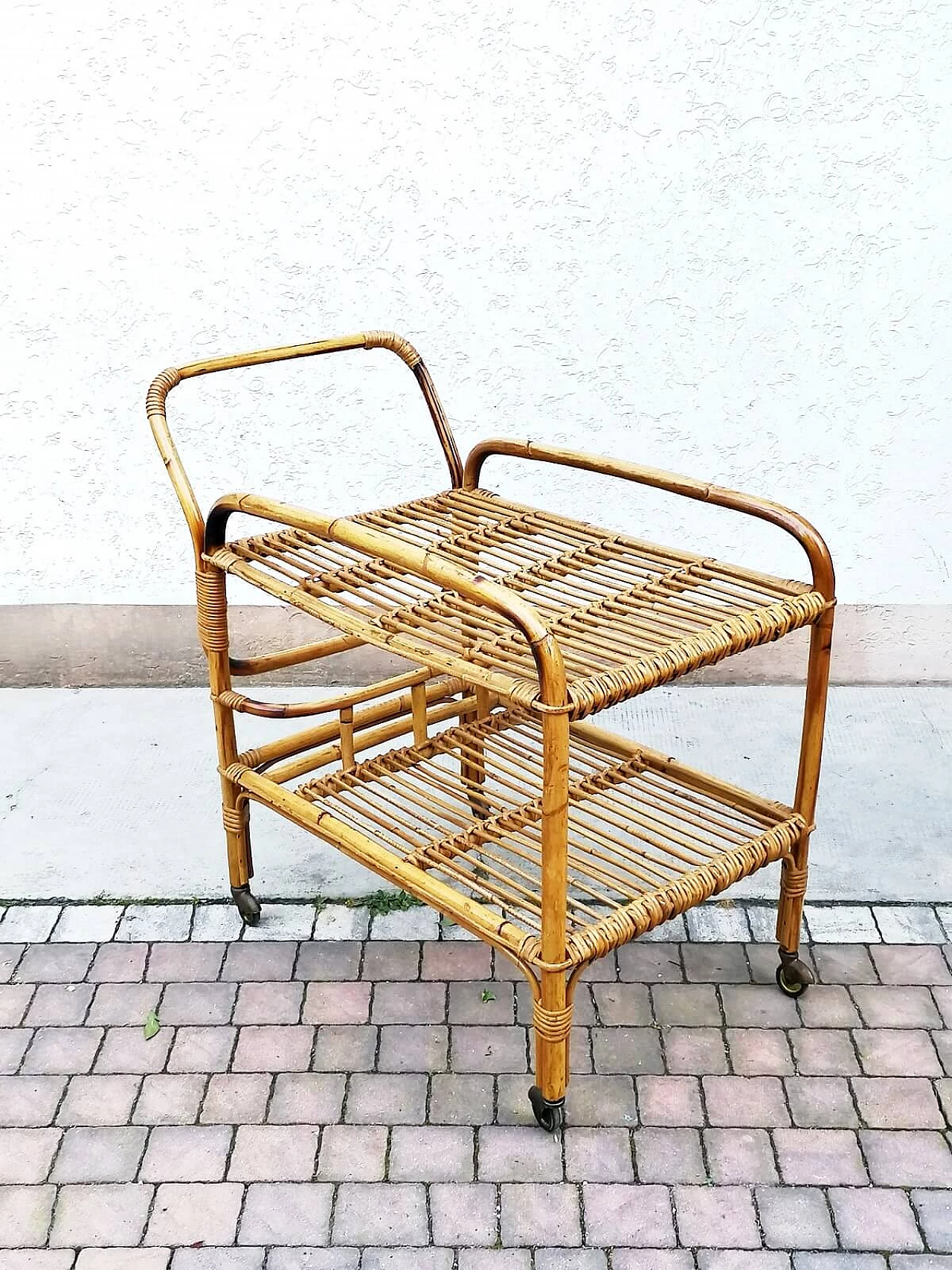 Carrello bar in bambù, malacca e giunco, anni '60 2