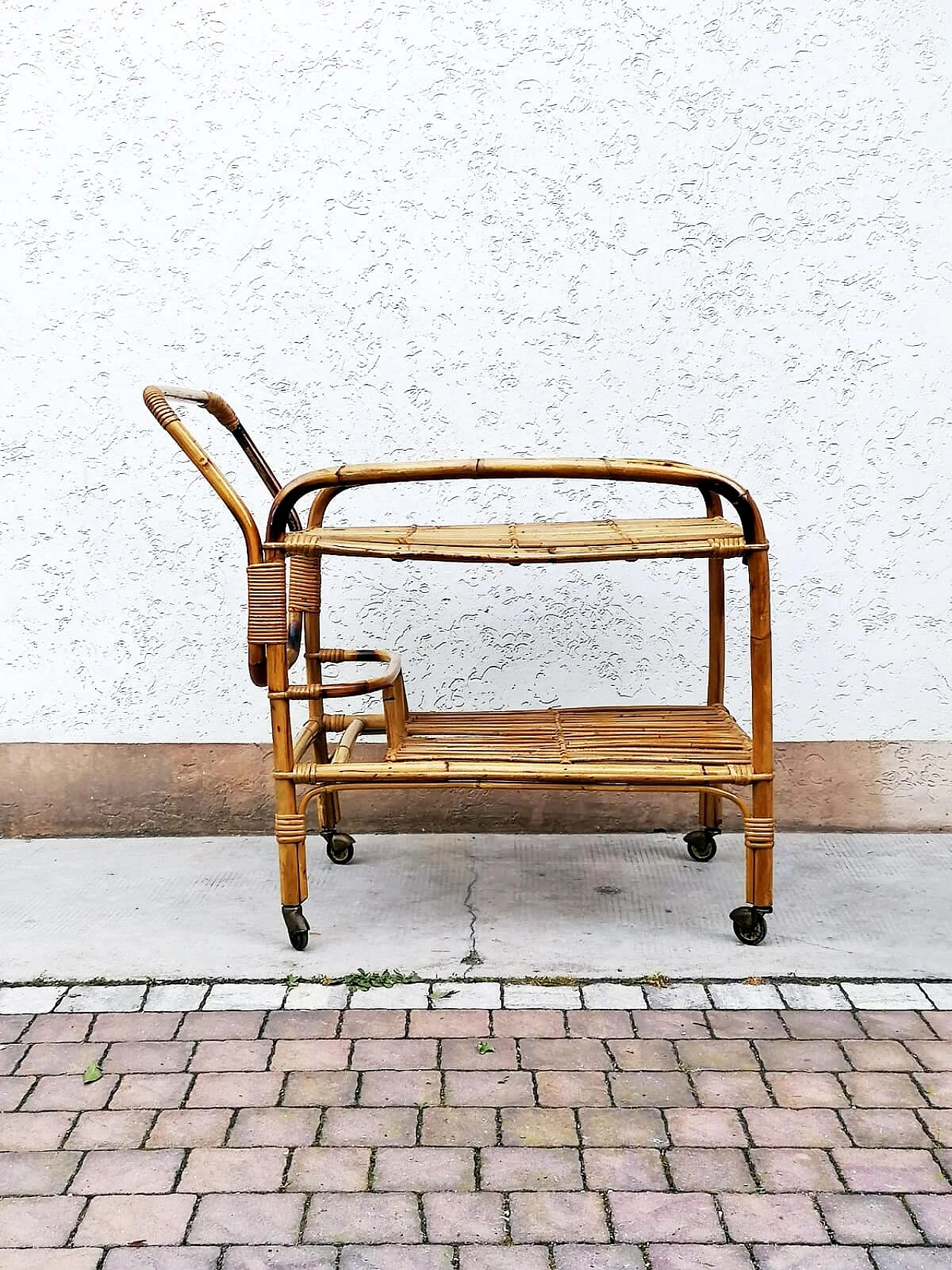 Carrello bar in bambù, malacca e giunco, anni '60 3