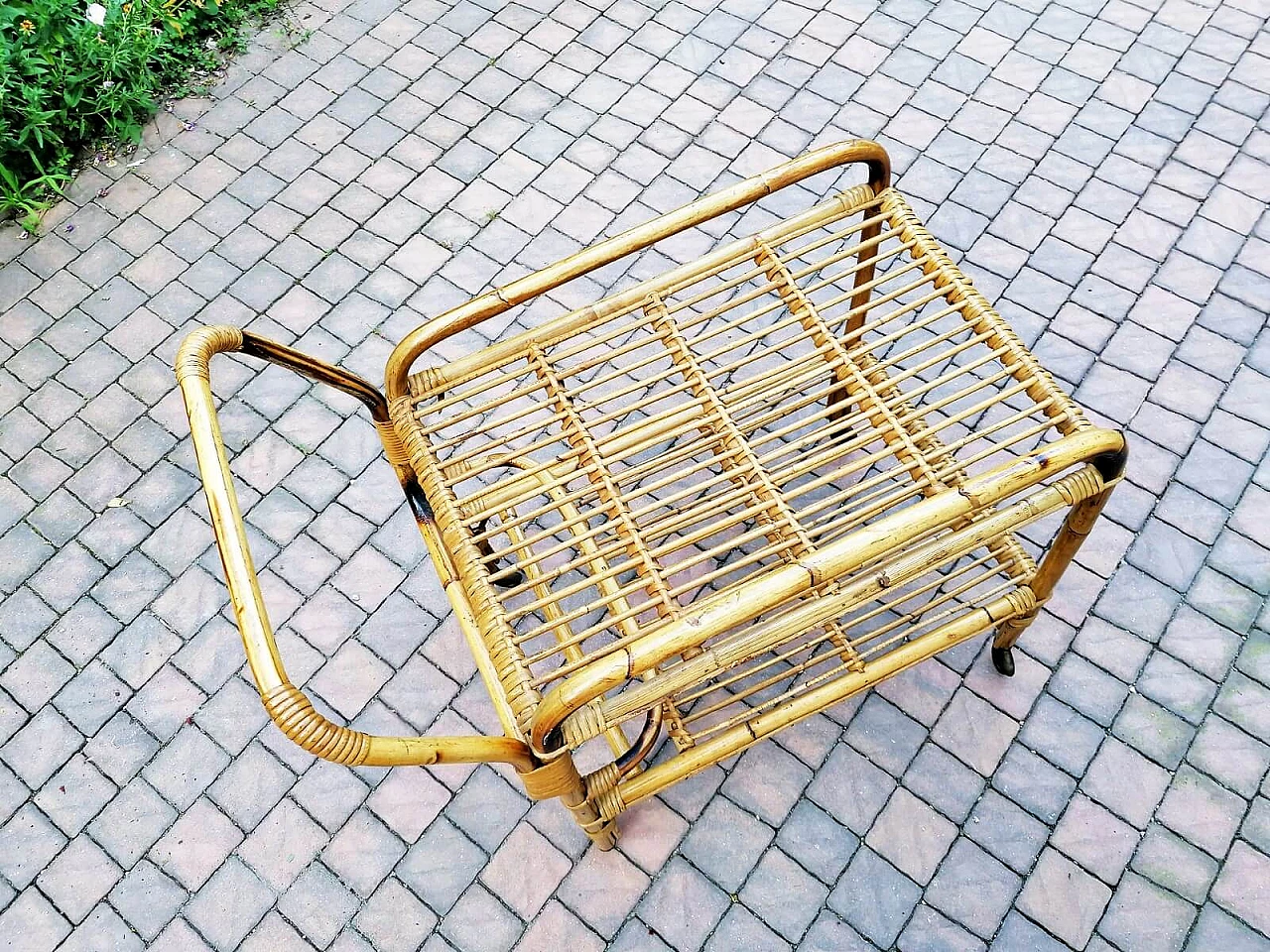 Carrello bar in bambù, malacca e giunco, anni '60 5