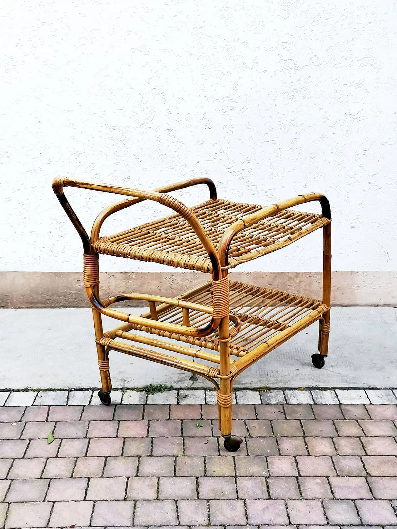 Carrello bar in bambù, malacca e giunco, anni '60 6