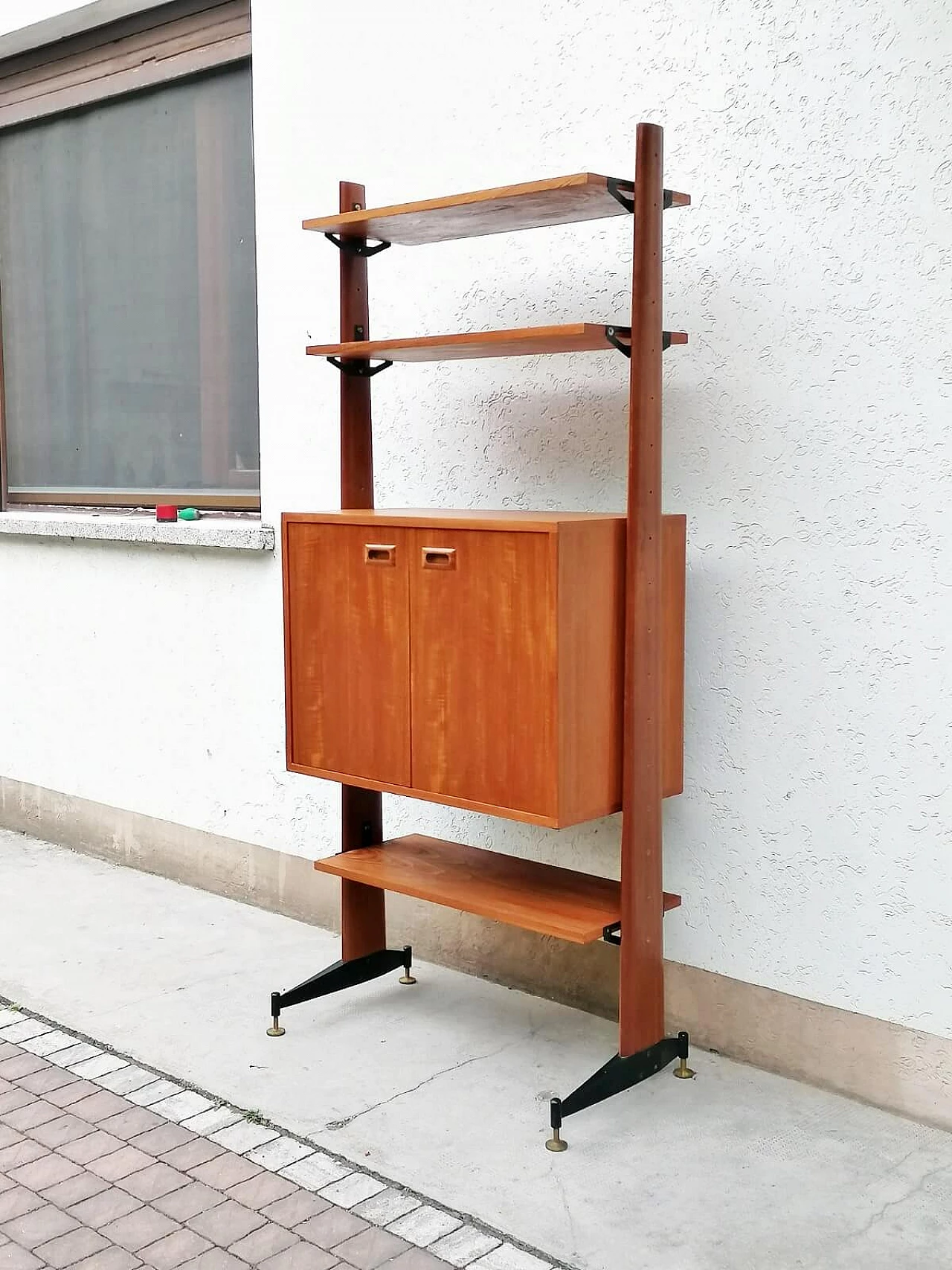 Teak, black varnished metal and brass bookcase, 1960s 6