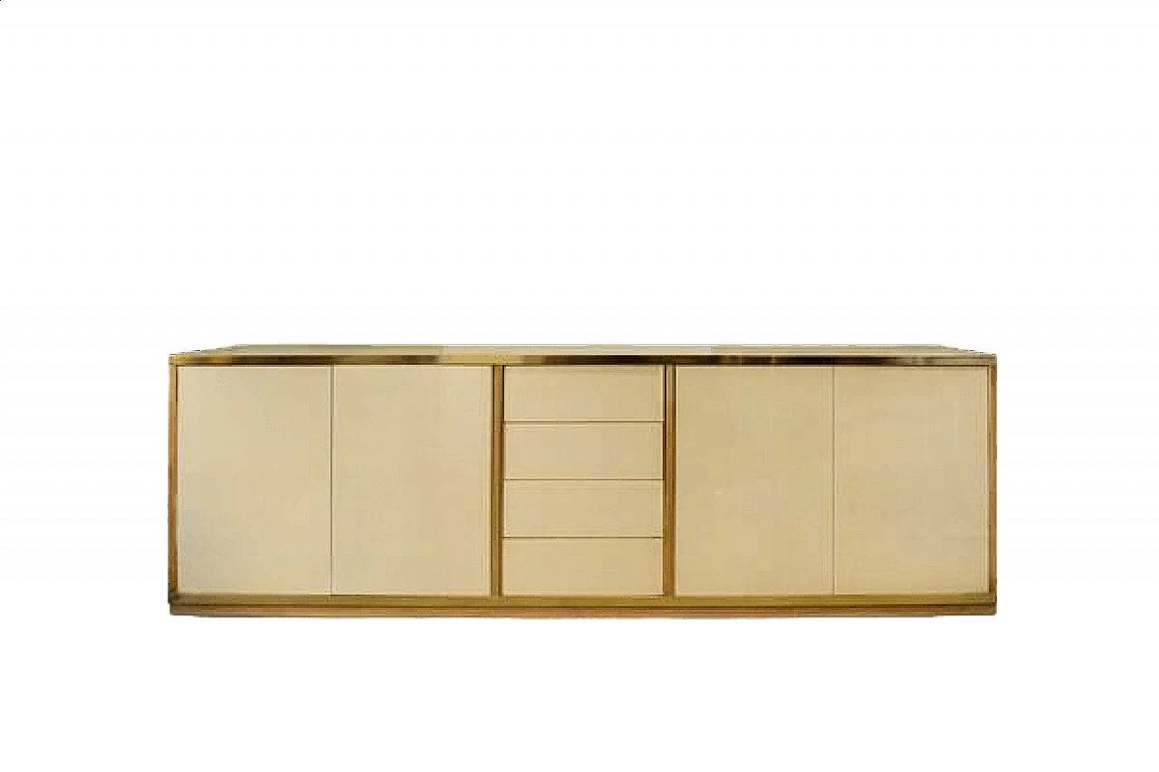 Credenza in legno laccato e ottone con cassetti, anni '70 11