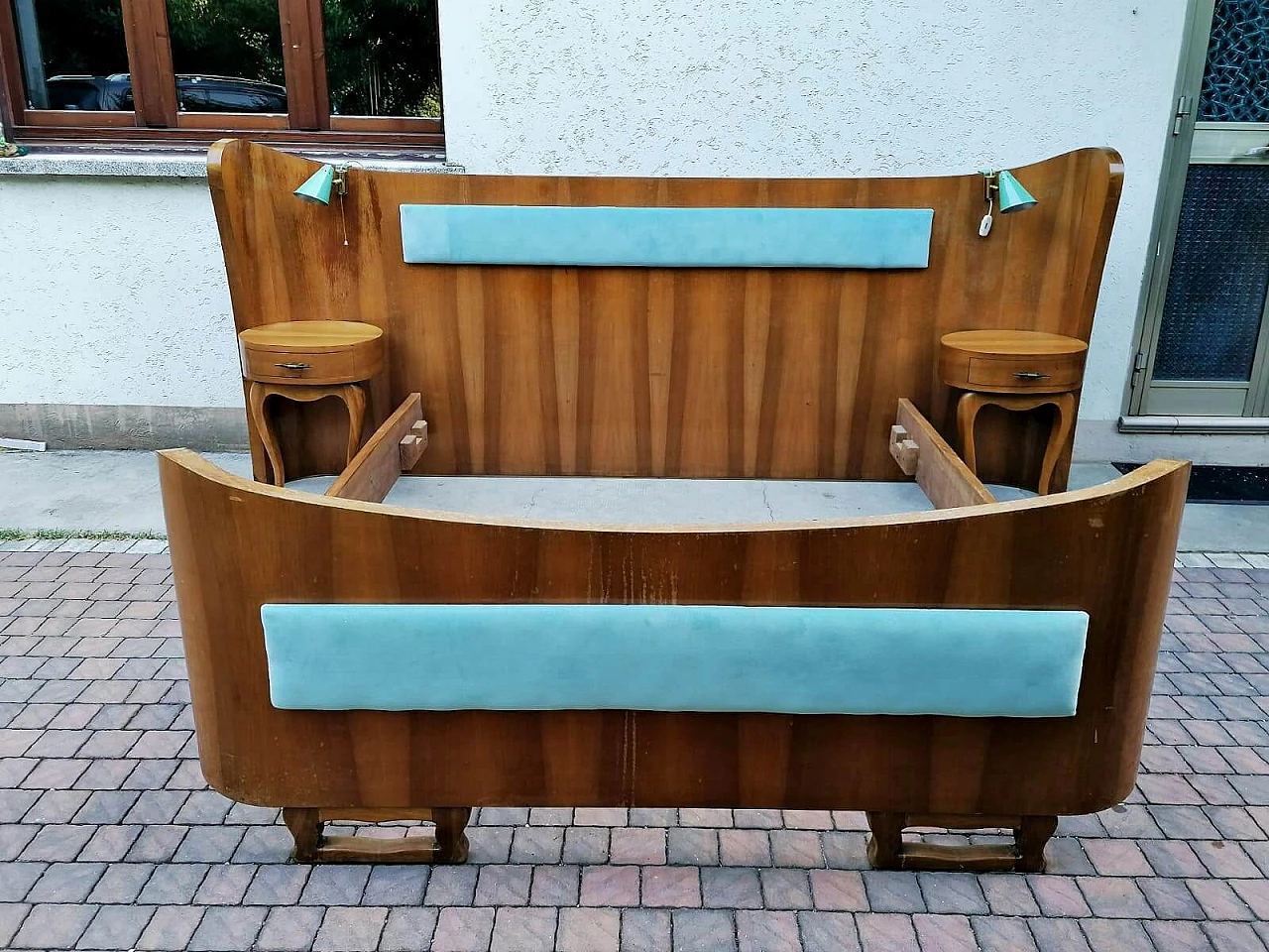 Curved wooden double bed with built-in lamps and bedside tables, 1930s 6