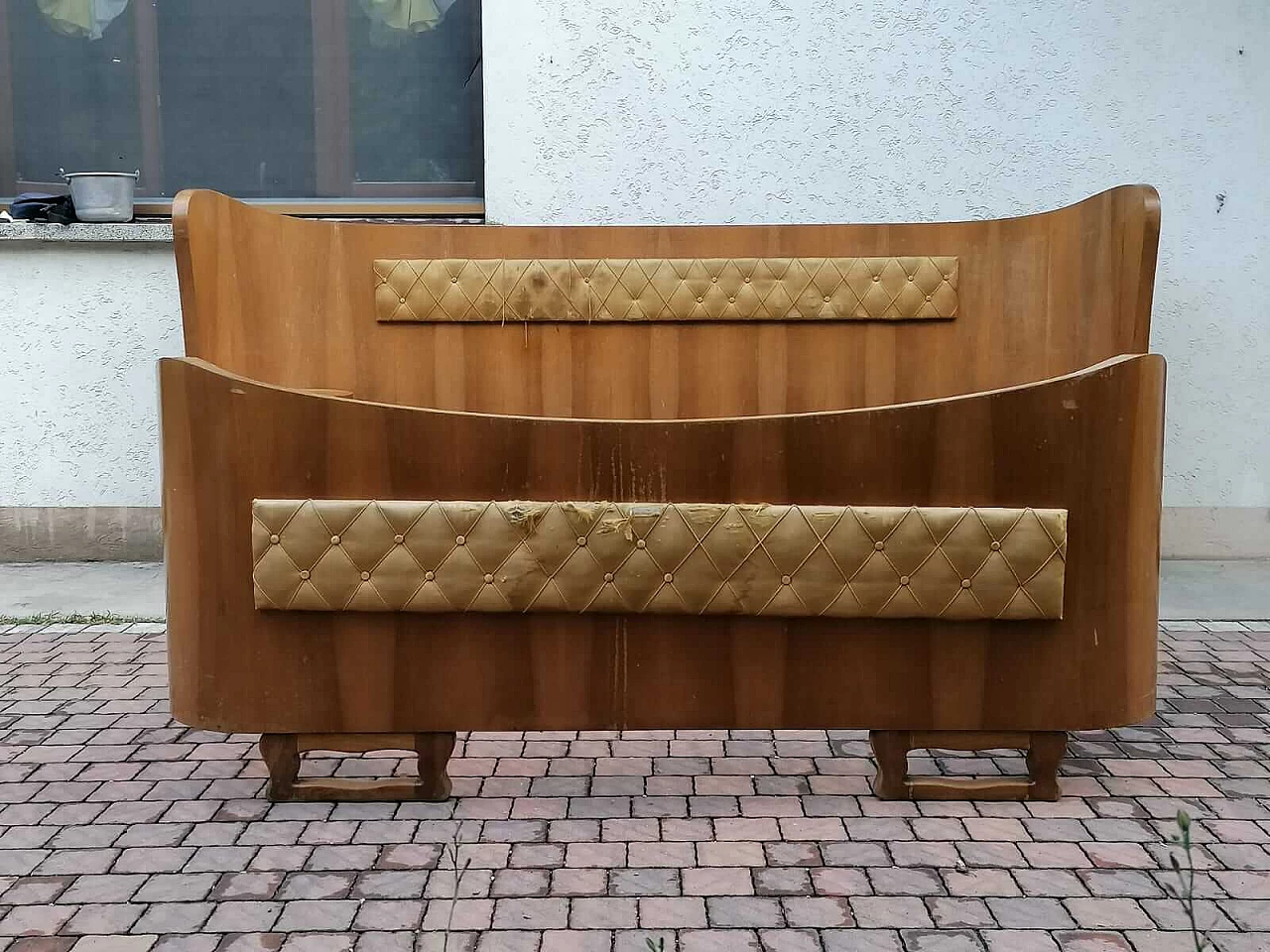 Curved wooden double bed with built-in lamps and bedside tables, 1930s 17