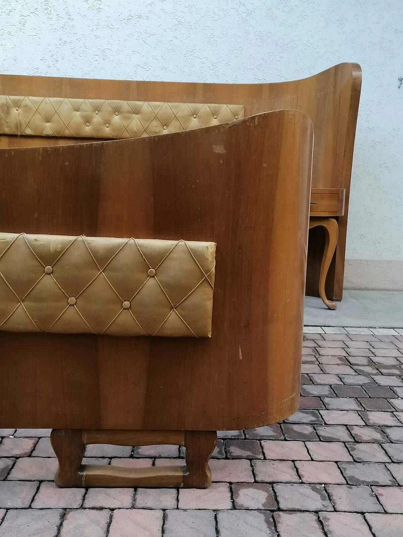 Curved wooden double bed with built-in lamps and bedside tables, 1930s 18