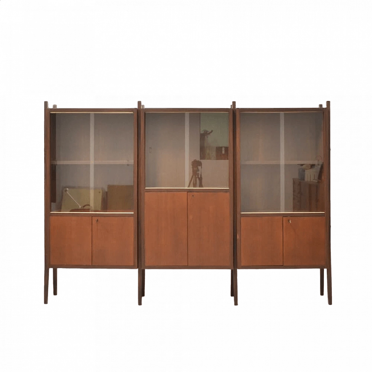 Three-bay wood cabinet with glass sliding doors, 1958 9