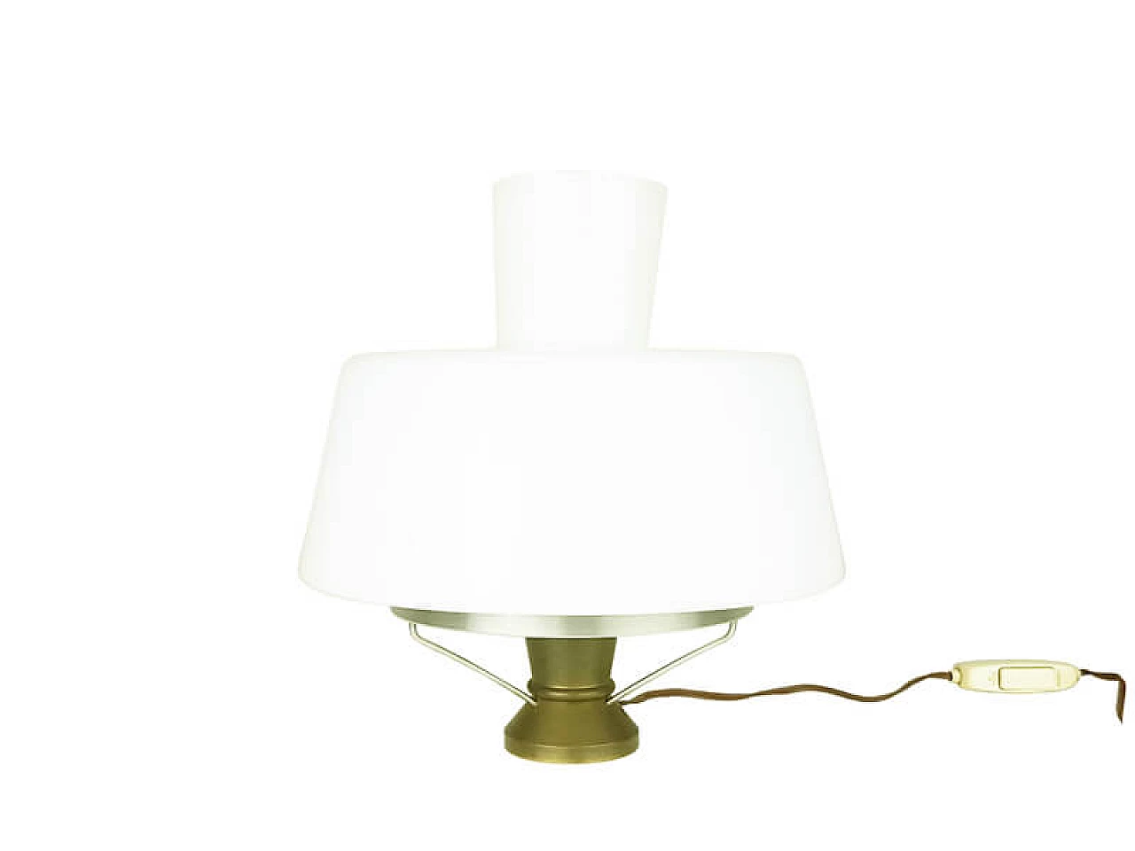 Brass and aluminium table lamp with opaline glass shade, 1950s 1