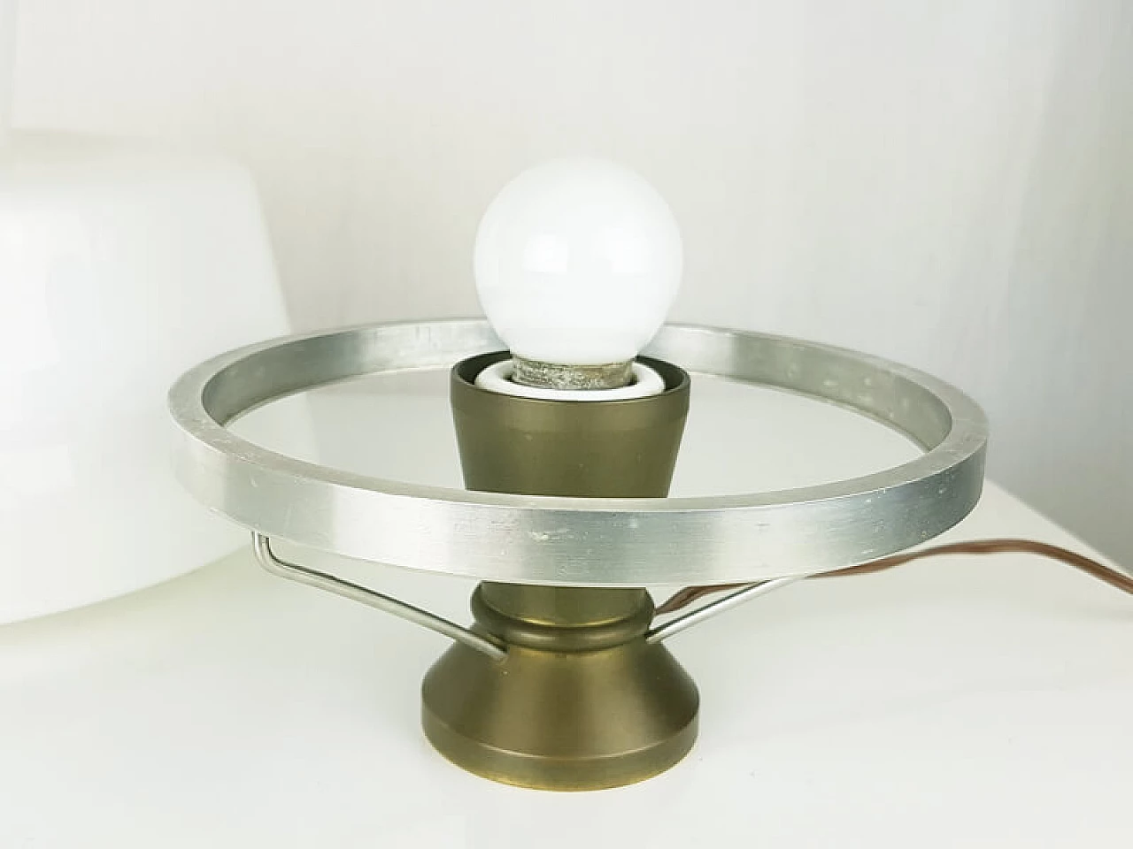 Brass and aluminium table lamp with opaline glass shade, 1950s 4