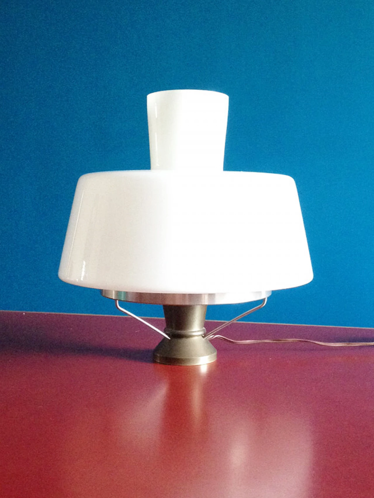 Brass and aluminium table lamp with opaline glass shade, 1950s 8