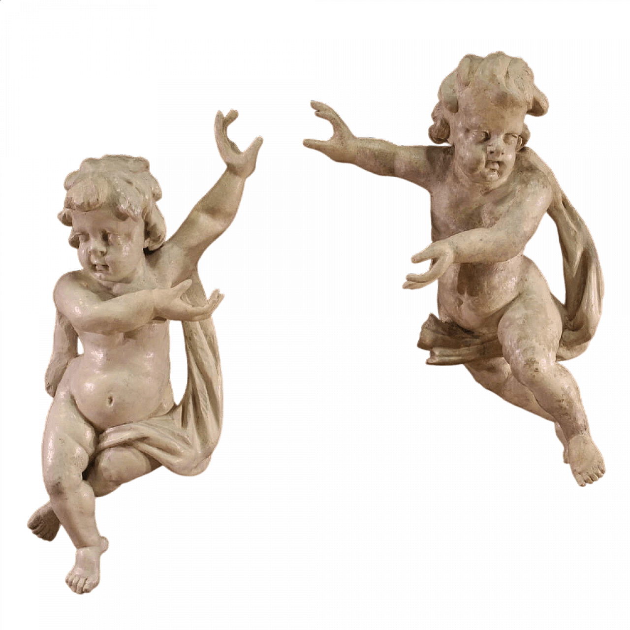 Coppia di sculture lignee dipinte di putti, '700 13